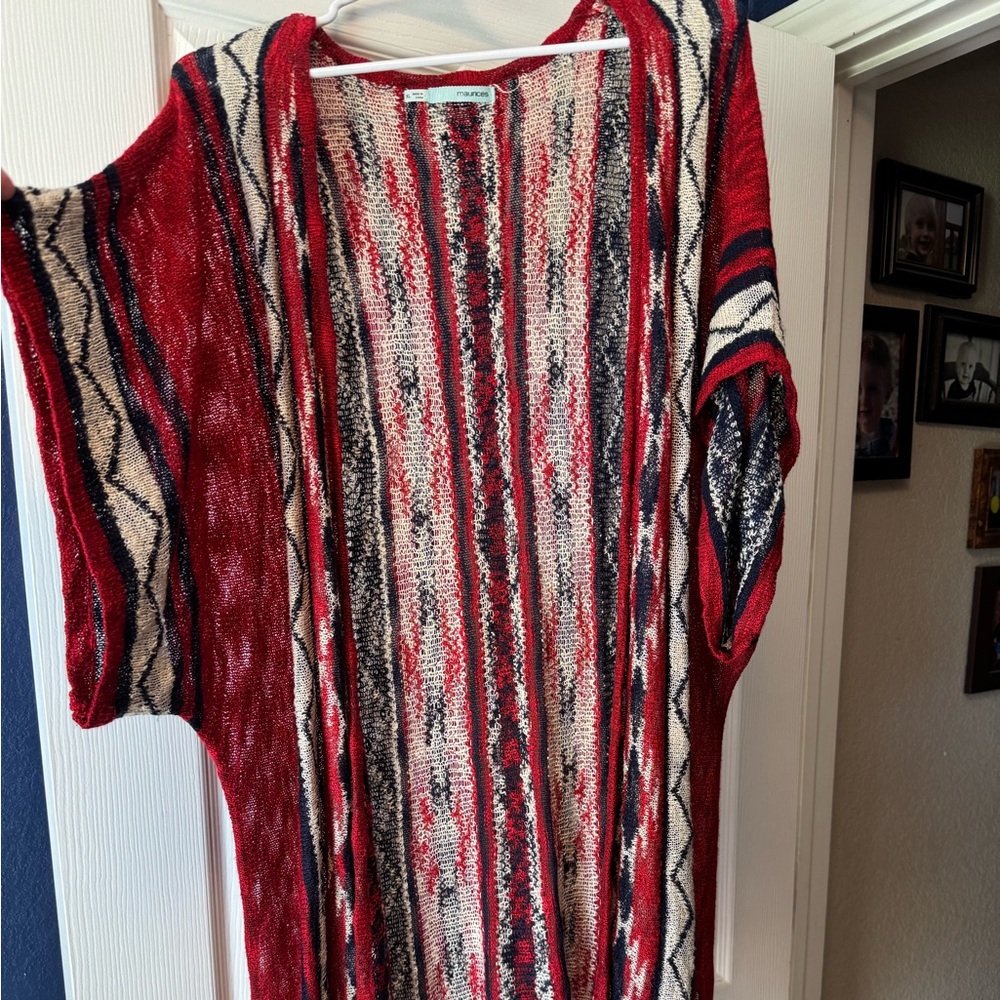 Maurices XL Red and Navy Fringed Shrug Tunic
